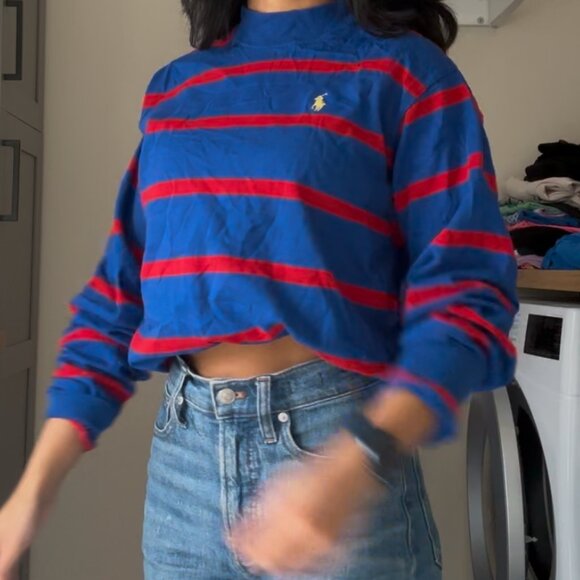 Tops - Vintage 80’s Ralph Lauren Crew | Blue w/ Red Stripes | Boys XL (Fits XS-M)